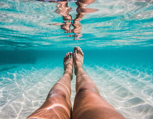 Personal perspective of bare feet stepping into clear turquoise tropical ocean water