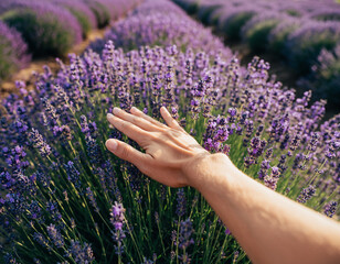 Woman hand running through blooming purple lavender flowers in summer field