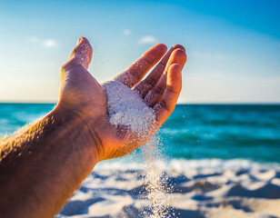 Hand sifting through fine white beach sand with ocean background view