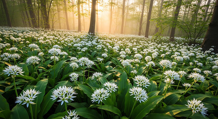 Naklejka premium Misty Forest with Sun Rays and Wild Garlic Flowers White Blooms Spring Woodland
