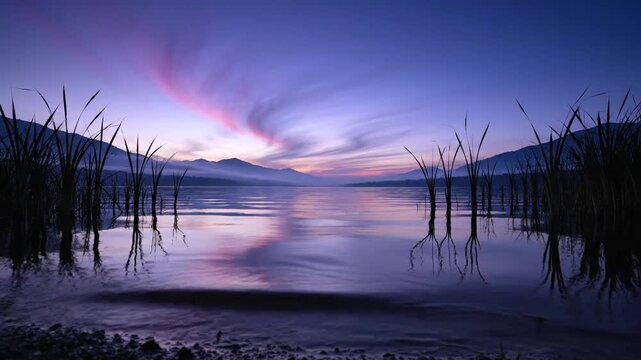 A tranquil lakeside scene at dusk with tall reeds silhouetted along the shore