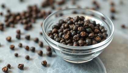 a bowl of black pepper on a white surface
