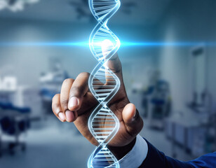 Medical Doctor Hand Touching Holographic DNA Strand Blue Lighting