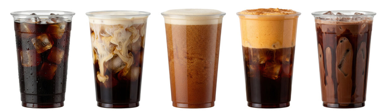 iced cold brew coffees with milk swirls and cream foam in plastic cups, isolated cutout