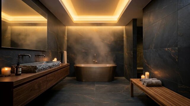A modern bathroom features a large tub with steam rising and candles lit. Warm lighting enhances the atmosphere. Wooden benches provide additional comfort for users