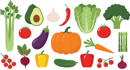 Fototapeta premium Comprehensive Fresh Garden Vegetable Collection Featuring 22 Healthy Produce Icons Including Pumpkin Broccoli Avocado and Leafy Greens for Culinary Design