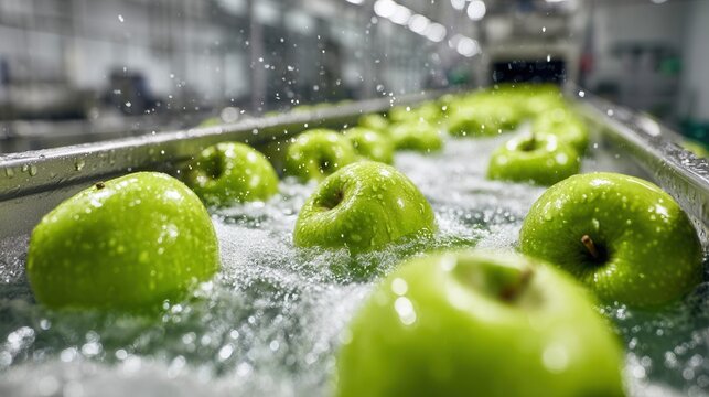 close-up of green apples being washed in a bubbling water bath on a modern fruit cleaning conveyor in a processing facility, water droplets and bubbles glistening on smooth apple surfaces
