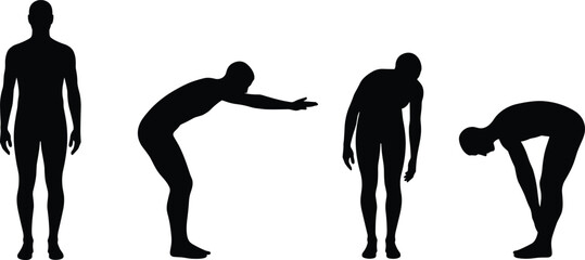 Man stretching silhouette set, standing and bending forward exercise poses isolated on white background vector illustration collection