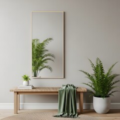 Minimalist interior decor featuring a fern print and live plants on a wooden bench. illustration
