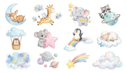 Watercolor cute baby animals and space clipart set with moon, stars, planets. Collection of Vector illustrations. Perfect for invitation, card, poster, banner, decoration © maria