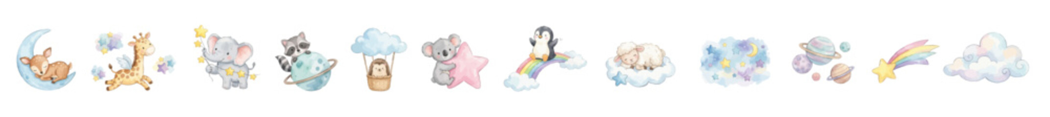 Nursery watercolor clipart of baby animals clouds, rainbow and shooting star. Collection of Vector illustrations. Perfect for invitation, card, poster, banner, decoration © maria