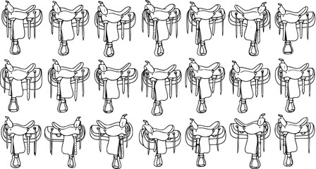 Hand-Drawn Horse Saddles Pattern. Black and White Sketch Art Background for Western and Equestrian Themes. © pixsource
