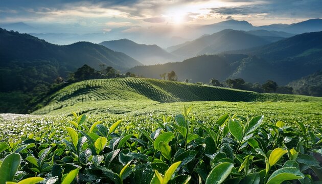 Fresh Green Tea Leaves Dew Drops Mountain Backdrop