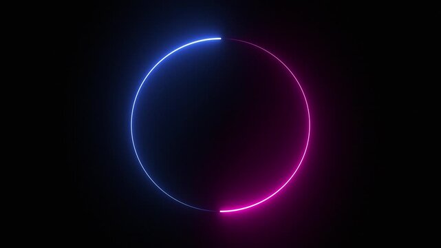 Glowing neon circle loading icon animates and rotates against a dark black background in pink and blue, creating a futuristic frame effect for a seamless loop video.