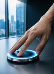 Fototapeta premium Hand pressing glowing blue button, futuristic technology, urban cityscape background, innovation concept