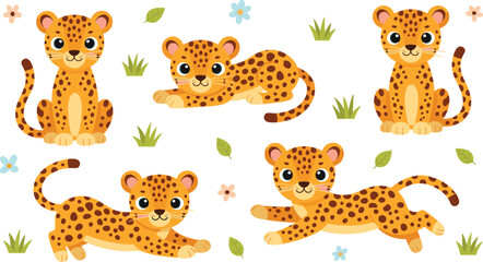 Naklejka premium Cute Cartoon Leopard Cub Character Set with Playful Poses and Tropical Foliage for Kids Nursery Decor, Educational Wildlife Books, and Pattern Designs