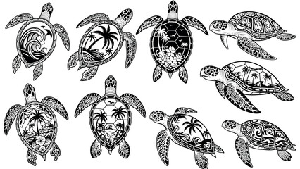 Collection of Detailed Tattoo Style Sea Turtle Illustrations. © angga