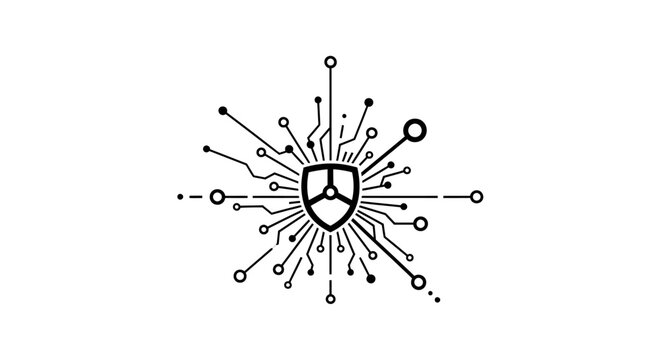Shield logo with connected lines.