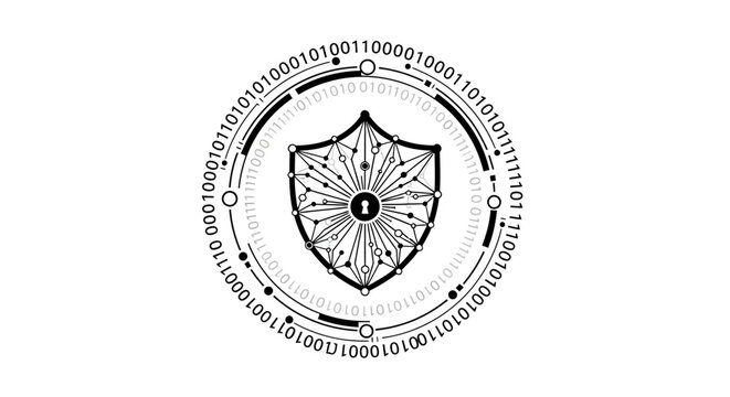 Shield with binary code circle.