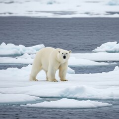 A polar bear on ice floes in a body of water