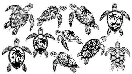 Collection of Detailed Turtle Illustrations with Tropical Motifs. © angga