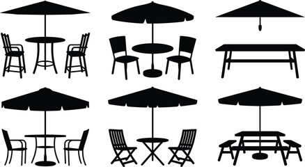 Patio Umbrella and Outdoor Furniture Silhouette Collection, Garden Table Chair Set, Black Vector Illustration Isolated © Vexora Studio