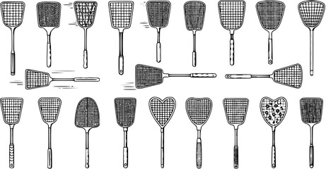 Vintage Engraving Style Fly Swatters and Mesh Spatulas Set. Hand-drawn collection of various insect control tools and kitchen utensils, isolated on white. © pixsource