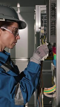 Female electrician wiring an industrial control panel, vertical footage