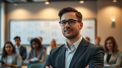Fototapeta premium seminar. A single presenter in a modern conference setting, engaging an audience in a professional training environment. pitch deck slides.