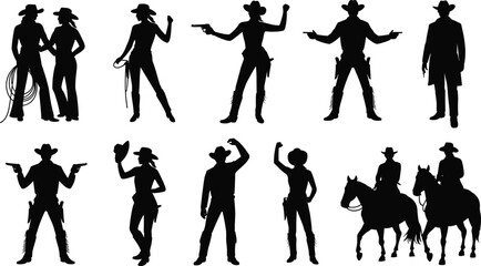 Fototapeta premium Western Cowboy and Cowgirl Silhouette Collection, Wild West Sheriff Characters Set, Black Vector Illustration Isolated