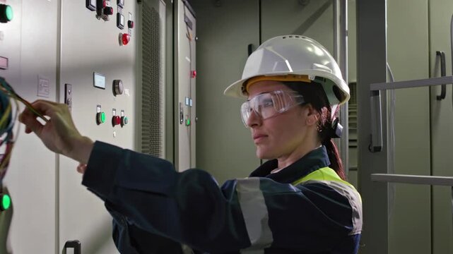 Female technician in protective gear working on electrical wiring inside a control panel