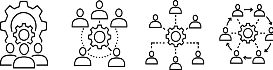 Business teamwork and workflow management line icon set, collaboration network, organizational structure and process automation vector symbols for corporate use