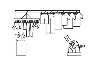 洗濯物を部屋干しをしている光景のシンプルなイラスト