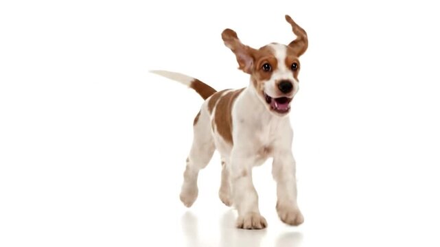 A brown and white spaniel puppy walks towards the camera on a white, reflective surface