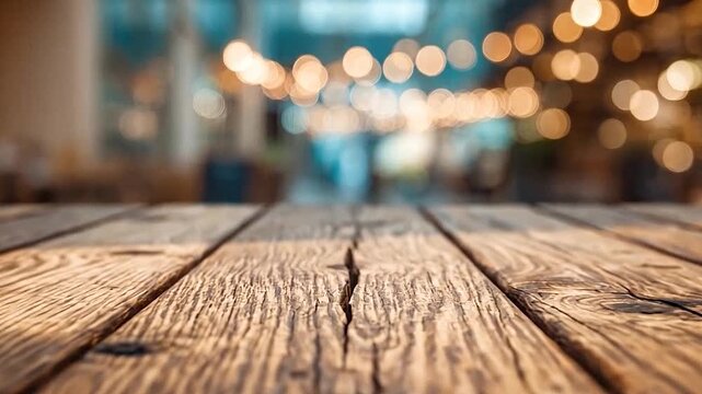 Empty rustic wooden table surface with blurred bokeh lights background