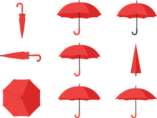 Red Umbrella Icon Set Featuring Open Closed and Folded Parasols in Different Angles for Weather Forecast Seasonal Rain Protection and Fashion Accessory Designs © Yousuf