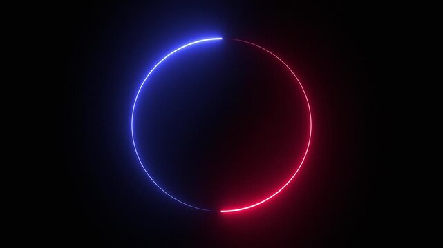 Glowing neon circle loading icon in red and blue animates and rotates against a dark black background, creating a futuristic frame effect for a seamless loop video.