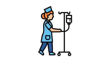 Obraz premium Cartoon illustration of a nurse with an IV drip stand, conveying care and medical treatment