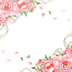 Floral corner frame made of pink peonies, ribbons, petals and butterflies. Watercolor illustration © Alesia