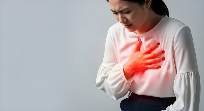 Portrait of young woman suffering from severe chest pain with glowing red heart area, studio medical concept showing symptoms of heart attack