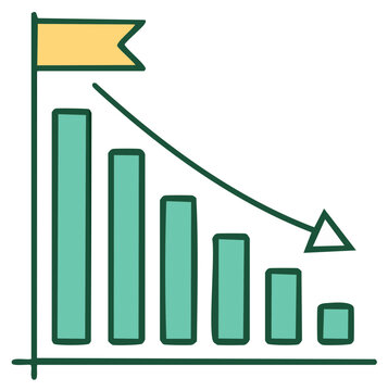 Hand drawn bar chart depicting financial decline with downward arrow and flag