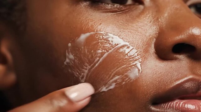 Macro shot of a finger dabbing white moisturizer into the skin of a cheek.