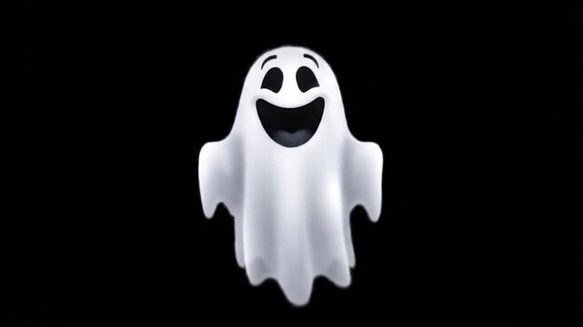 A cartoon ghost with a wide grin and expressive eyes floating against a black background