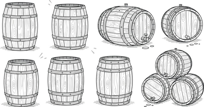 Vintage Wooden Barrel Vector Set Featuring Multiple Angles and Stacked Designs for Wine Whiskey Beer Storage and Rustic Interior Graphic Elements