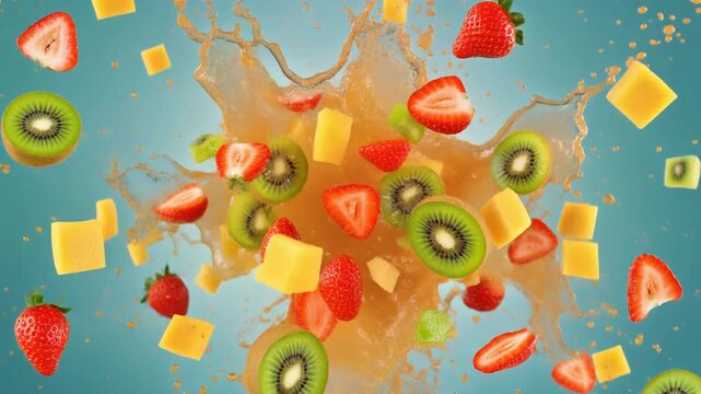 Fresh Fruits and Juices Splashing in Mid-Air on a Blue Background from a Direct Viewpoint