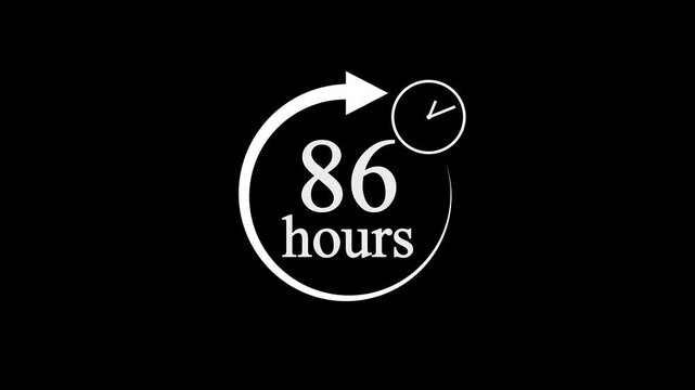 86 Hours Countdown Timer Animation. Stopwatch Clock icon with 86 Hour&rsquo;s Time Management on Black Background. 4k video.