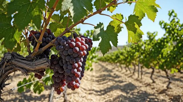 Ripe red grapes on a vine in a sunny vineyard