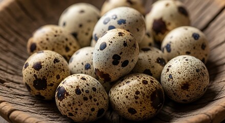 Fototapeta premium A Rustic Wooden Bowl Filled with Fresh Quail Eggs.