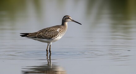 Obraz premium A shorebird stands in shallow water, reflecting on the surface