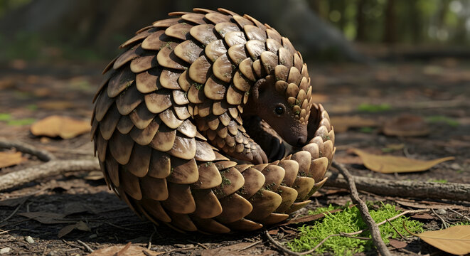 Pangolin curled into a protective ball on the forest floor.
